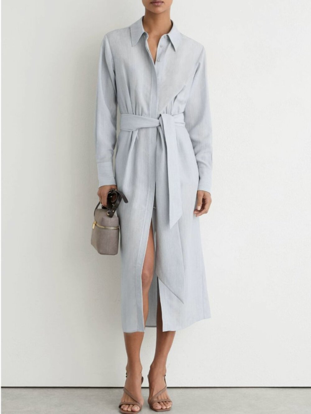 REISS Gianna Shirt Midi Dress Light Blue Modal-Blend Tie-Waist Quiet Lux